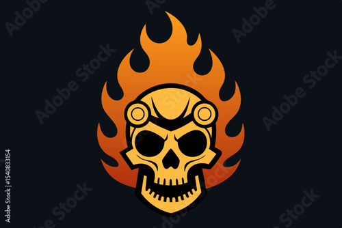 Flaming Skull Head with Vintage Motorcycle Engine Parts – Dark Biker Art & Steampunk Design