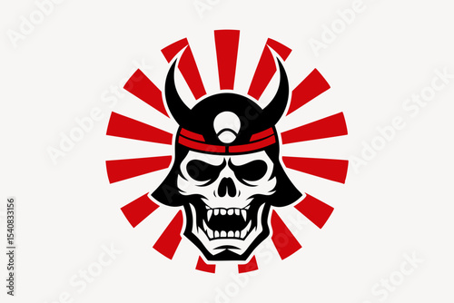 Samurai Skull in Helmet with Vintage Rising Sun Background - Japanese Warrior Art