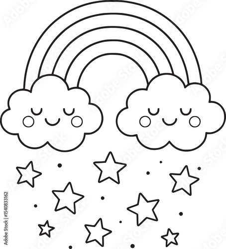 Smiling Clouds and Rainbow with Falling Stars – Cute Coloring Page for Kids