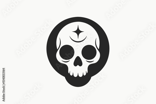 Vintage Third Eye Skull with Celestial Moon and Star Design on White Background