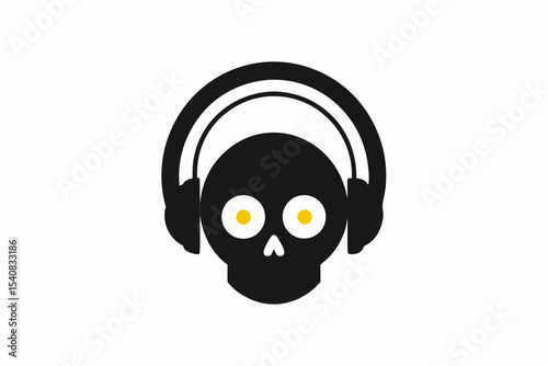 Skull Head with Headphones & Vinyl Record on White Background – Edgy Music Art