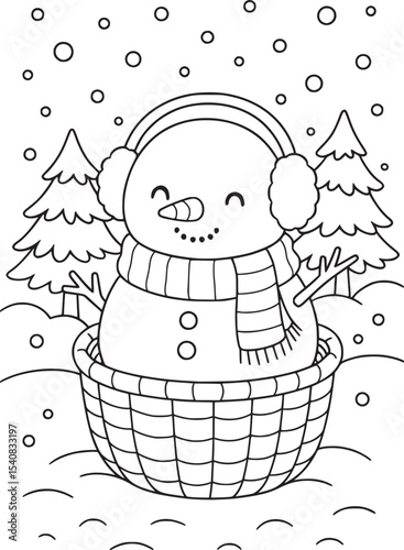Cute Snowman in Basket – Winter Wonderland Coloring Page for Kids