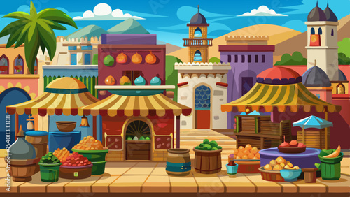 Colorful oriental market with striped tents, fruit stands, and traditional buildings under a bright blue sky in a desert town