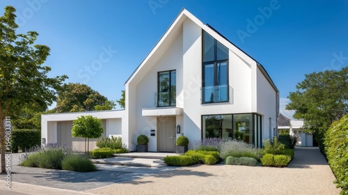 Modern white house with glass facade and lush garden on a sunny day