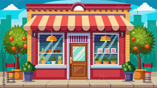 Colorful storefront with striped awning, large display windows, potted plants, and outdoor seating in a vibrant city setting