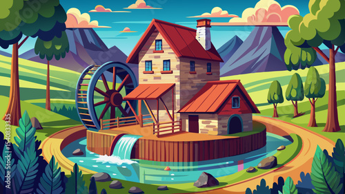 Cartoon watermill with red roofs by a stream, surrounded by trees, mountains, and fields in a scenic countryside landscape