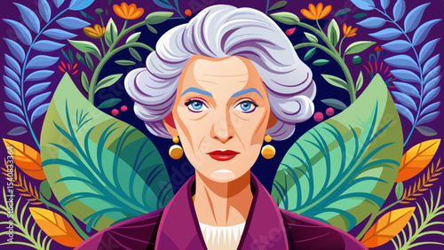 Stylized portrait of an elegant elderly woman with silver hair and earrings framed by colorful leaves and flowers