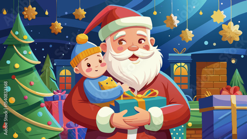 Cartoon Santa Claus holding a child with gifts in a festive room decorated with stars, presents, and a Christmas tree