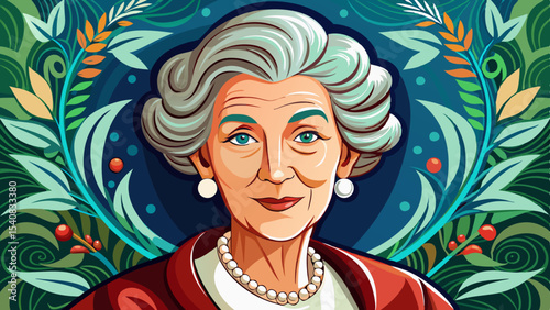 Elegant elderly woman with gray hair and pearl jewelry in a colorful decorative portrait with floral background