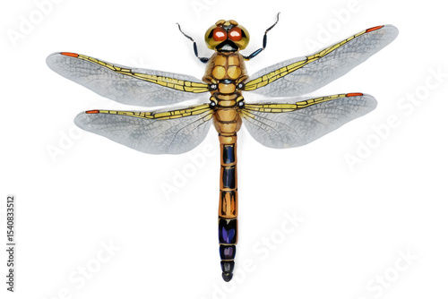 A dragonfly gliding above a sunlit pond, its wings creating beautiful patterns and reflections on the water