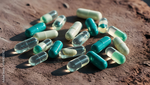 A scattering of translucent gel capsules and vibrant green pills lies on a rough, earthy textured surface, showcasing the latest dietary supplements and health benefits, with subtle shadows and highli