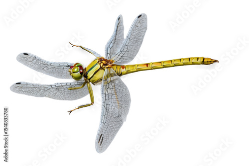 A dragonfly gliding above a sunlit stream, its wings creating a captivating reflection on the water