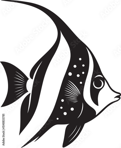 Angelfish silhouette black and white elegant, Regal tropical fish line art illustration