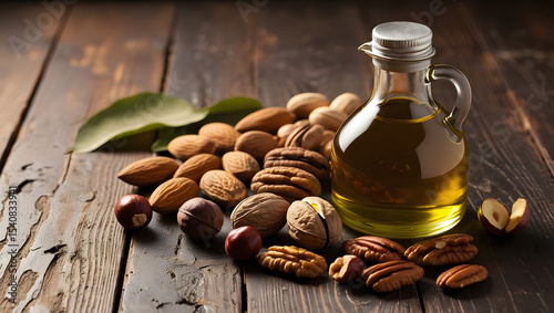 A warm, golden-lit side view of a clear glass bottle with a simple, silver cap, containing a rich, golden brown oil, set alongside a diverse assortment of raw nuts, including almonds, walnuts, pecans