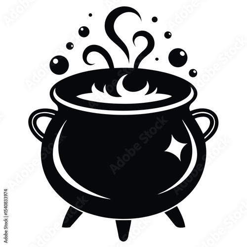 Halloween Black Cauldron with Bubbles and Steaming Potion, Celebration of Magic Pot