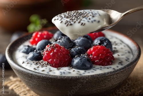 A close-up shot of a bowl filled with yogurt, chia seeds, raspberries, and blueberries, with a spoon scooping a portion, presenting a healthy breakfast option. photo