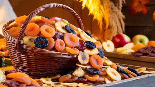 A vibrant and inviting autumn market scene featuring a sturdy, earth-toned wicker basket overflowing with an assortment of dried fruit slices, including apricots, apples, and pineapple, arranged artfu