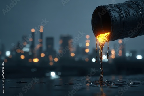 Golden liquid flows dramatically from a rusty pipe, set against a blurred cityscape, showcasing pollution, industrial waste, and environmental issues in an urban setting.
