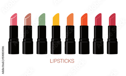 Modern vector illustration featuring a row of seven upright lipsticks in vibrant, eye-catching shades, easily editable and salable.