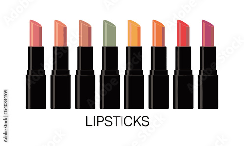 Modern vector illustration featuring a row of seven upright lipsticks in vibrant, eye-catching shades, easily editable and salable.