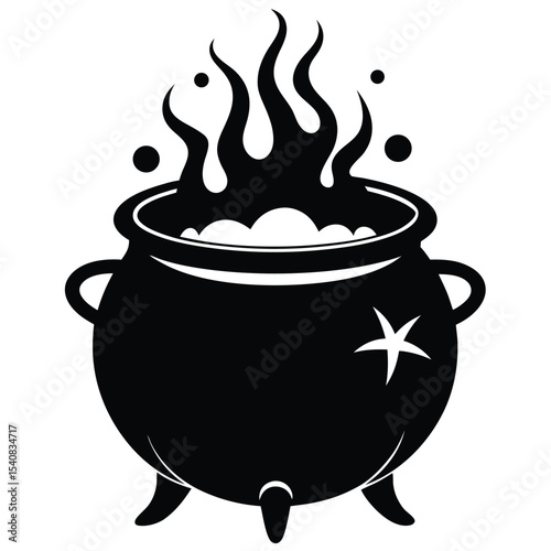 Black Silhouette of Witch's Cauldron with Bubbling Potion and Flame Illustration