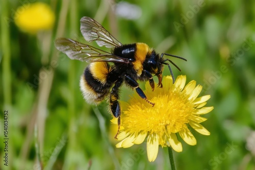 Bumblebee takes off from a yellow flower in springtime meadow, Bee Bumblebee take-off yellow flower Naturespring summer slow-motion