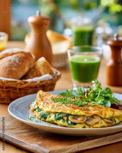 Delicious spinach and mushroom omelette with fresh green smoothie and bread in cozy breakfast setting