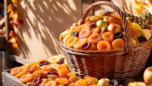 A vibrant and inviting autumn market scene featuring a sturdy, earth-toned wicker basket overflowing with an assortment of dried fruit slices, including apricots, apples, and pineapple, arranged artfu