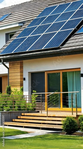 Explore a modern house adorned with solar panels, surrounded by lush greenery and a stylish balcony on a sunny day