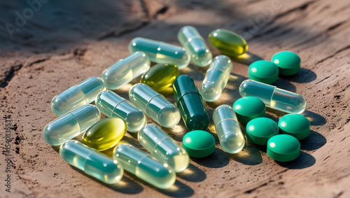 A scattering of translucent gel capsules and vibrant green pills lies on a rough, earthy textured surface, showcasing the latest dietary supplements and health benefits, with subtle shadows and highli