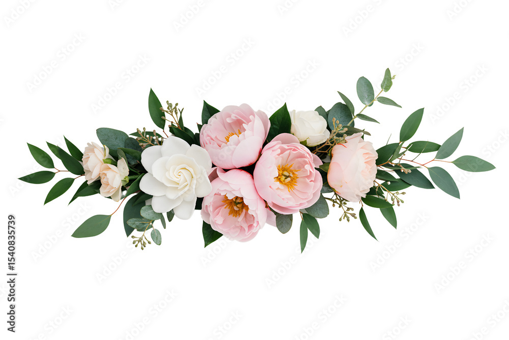 Fototapeta premium Pastel Pink and White Peony Rose and Gardenia Floral Arrangement with Eucalyptus
