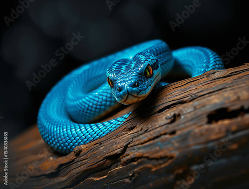 Vibrant Blue Pit Viper Coiled on Textured Wood - Close-Up Wildlife Photo