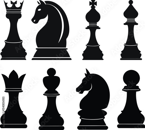 Black and white chess piece silhouettes ideal for strategy game concepts board game themes and classic chess illustrations