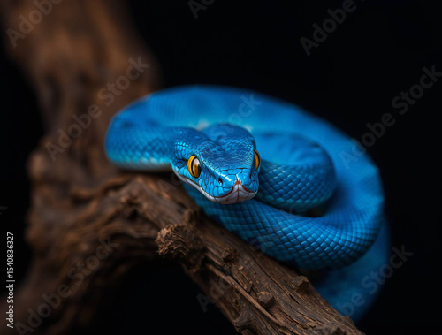 Vibrant Blue Pit Viper Coiled on Textured Wood - Close-Up Wildlife Photo