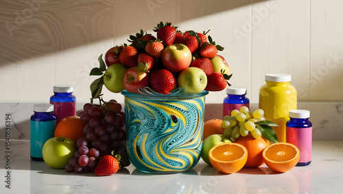 A vibrant, glass jar, adorned with intricate, swirling patterns in shades of turquoise and yellow, overflowing with a diverse arrangement of fresh, including juicy strawberries, crisp apples, plump 