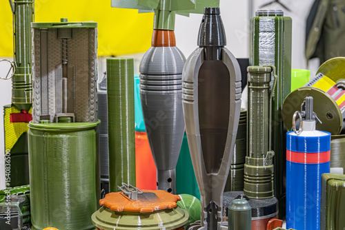 Image of explosive mining equipment in various sizes and shapes, predominantly green, yellow, and blue Open toolbox or equipment caddy, smaller machinery parts, pointed projectiles or missiles in th