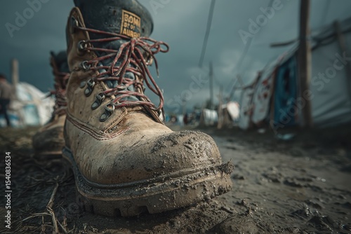 A close-up of muddy work boots in a temporary camp, worn and weathered, showcasing resilience in challenging circumstances, against a blurry background of tents.