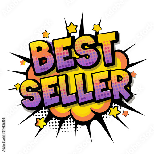 "Best seller" text in comic book style with pop art elements, vector image on transparent background  