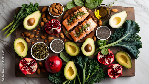 A vibrant, top-down still life composition showcasing an assortment of diverse, omega-3 rich health foods, including succulent grilled salmon fillets, crunchy almonds and walnuts, chia seeds, sliced 