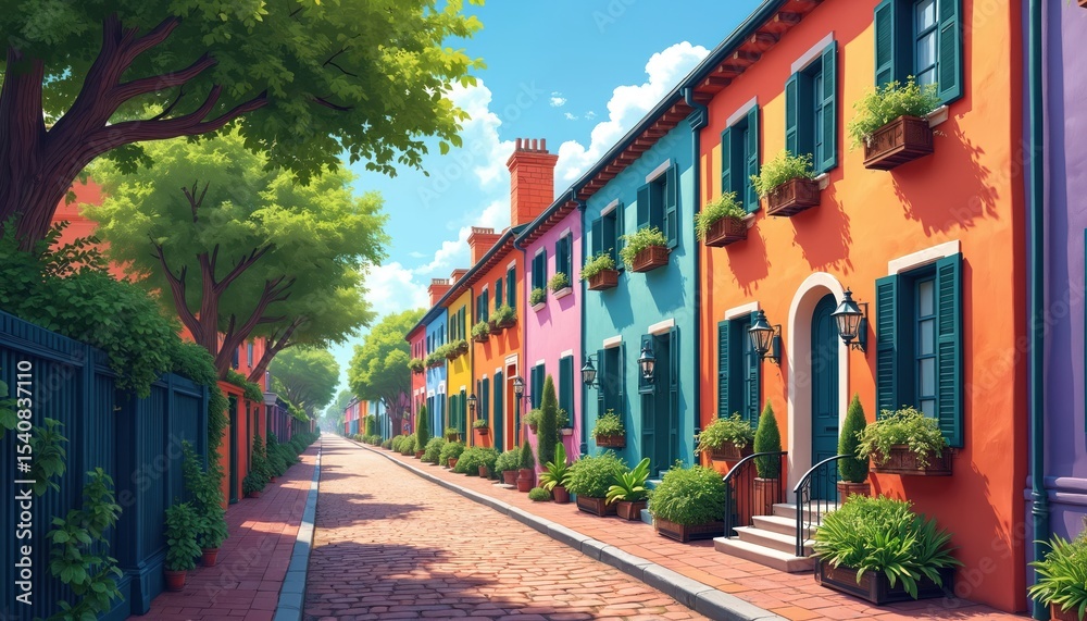 Obraz premium Charming Rainbow Row in Charleston. Picturesque colorful houses with plants. Historic buildings with vibrant facades, doors windows. Popular travel destination, summer vacation scenery. Residential