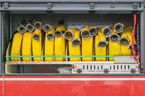 Yellow fire hoses in a green-padded, metal-barred compartment Indoor setting with artificial light