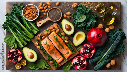 A vibrant, top-down still life composition showcasing an assortment of diverse, omega-3 rich health foods, including succulent grilled salmon fillets, crunchy almonds and walnuts, chia seeds, sliced 