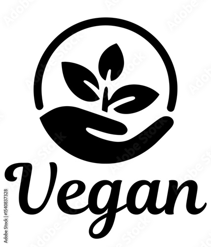 Vegan vector logo with leaf and hand, circle vegan logo with leaves, simple green vegan button, vegan vector badge.
