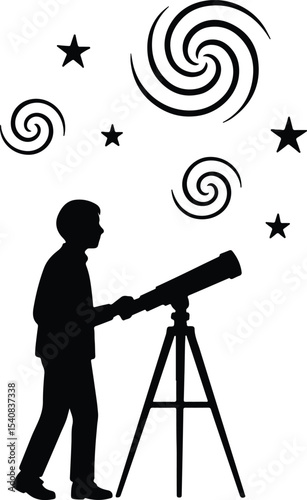 Silhouette man observes the stars with telescope vector illustration