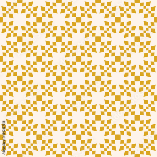 Vector checkered seamless pattern. Abstract ornament texture with grid, lattice, squares, diamonds, floral silhouettes. Simple background in yellow and beige color. Repeat design for decor, textile