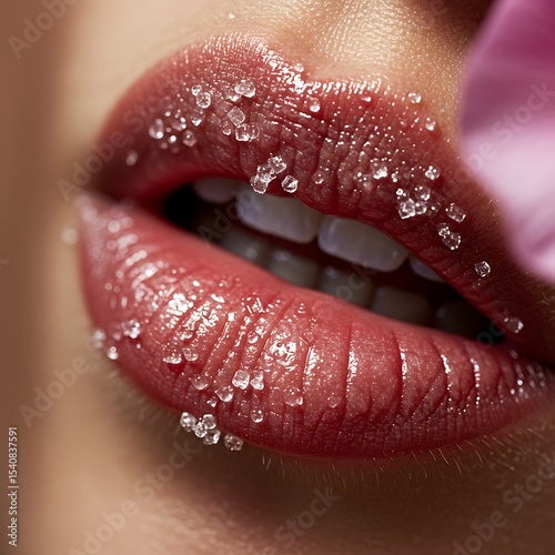Closeup of glossy pink lips with sugar crystals showing sensual texture and beauty care detail