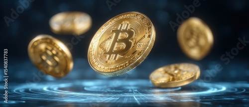 Floating golden bitcoin coins rotating in 3d animation