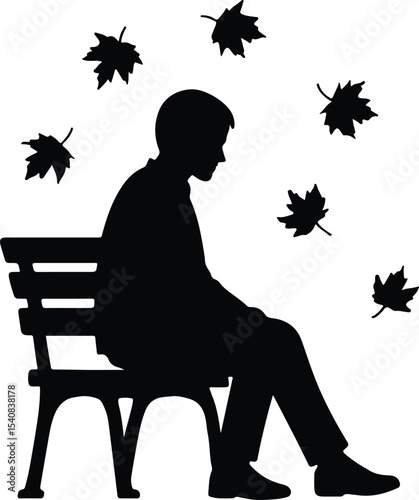 Silhouette man sits on bench with falling leaves vector illustration