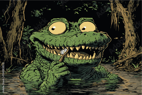 cartoon crocodile brushing teeth,color image
