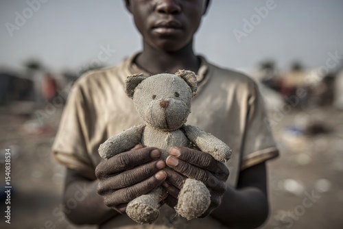 A young African boy gently cradles a worn teddy bear in his hands, with a poignant expression on his face, amidst a dusty, desolate background suggesting poverty.